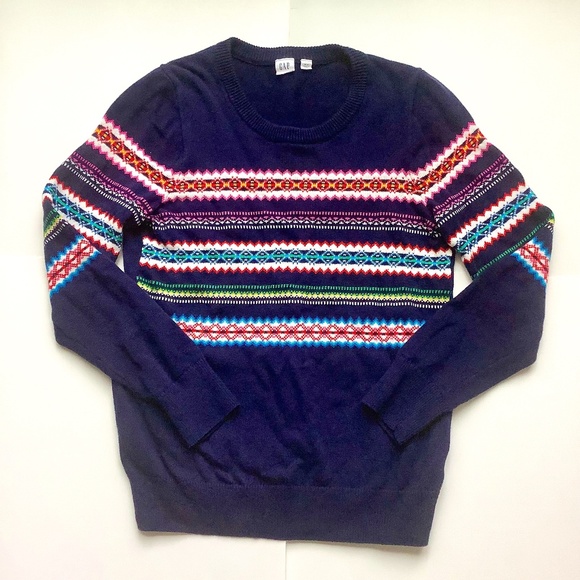 GAP “Crazy Stripe” Crewneck Navy Blue Sweater - Picture 1 of 6